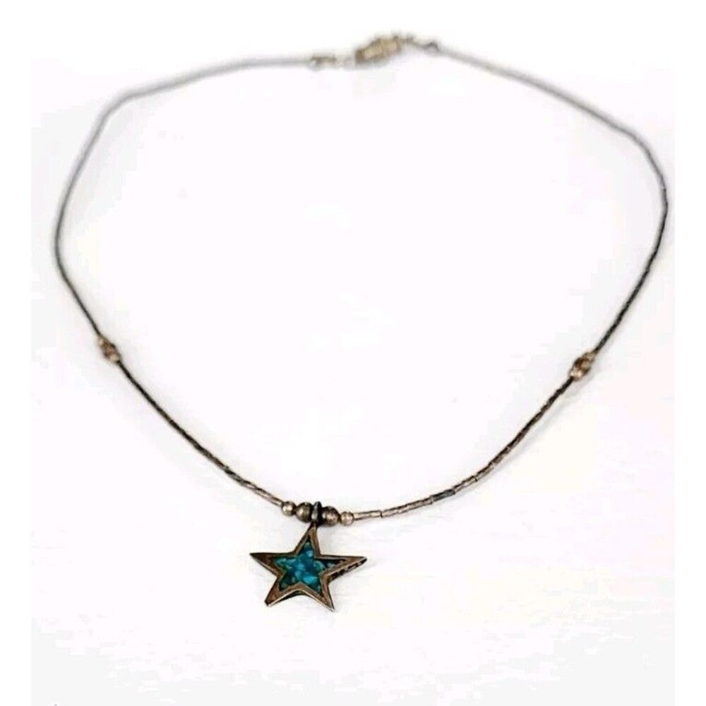 Sterling Silver 925 Turquoise Inlay Star Pendant Necklace 16" 4.61g Southwestern - Picture 3 of 8